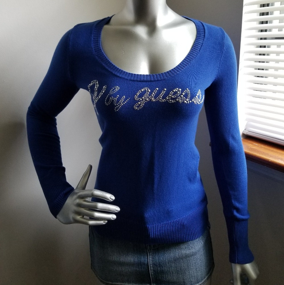 G by Guess Royal Blue Scoop Neck Long Sleeve Top with Rhinestone Logo